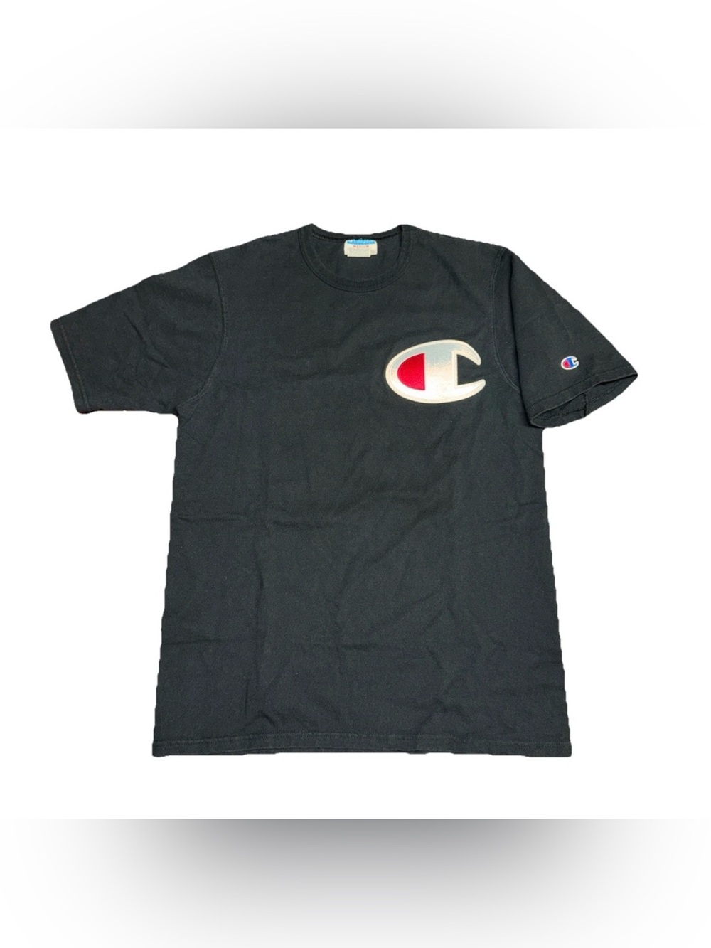 Vintage Champion Shirt Men Medium Black 90s Blue Label Big Logo Embroider Casual - Picture 1 of 4